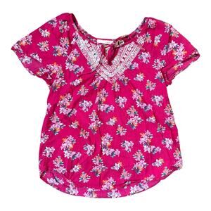 H&M LOGG Pink Floral Short Sleeved Embroidered Peasant Top Blouse Size 2 Preppy